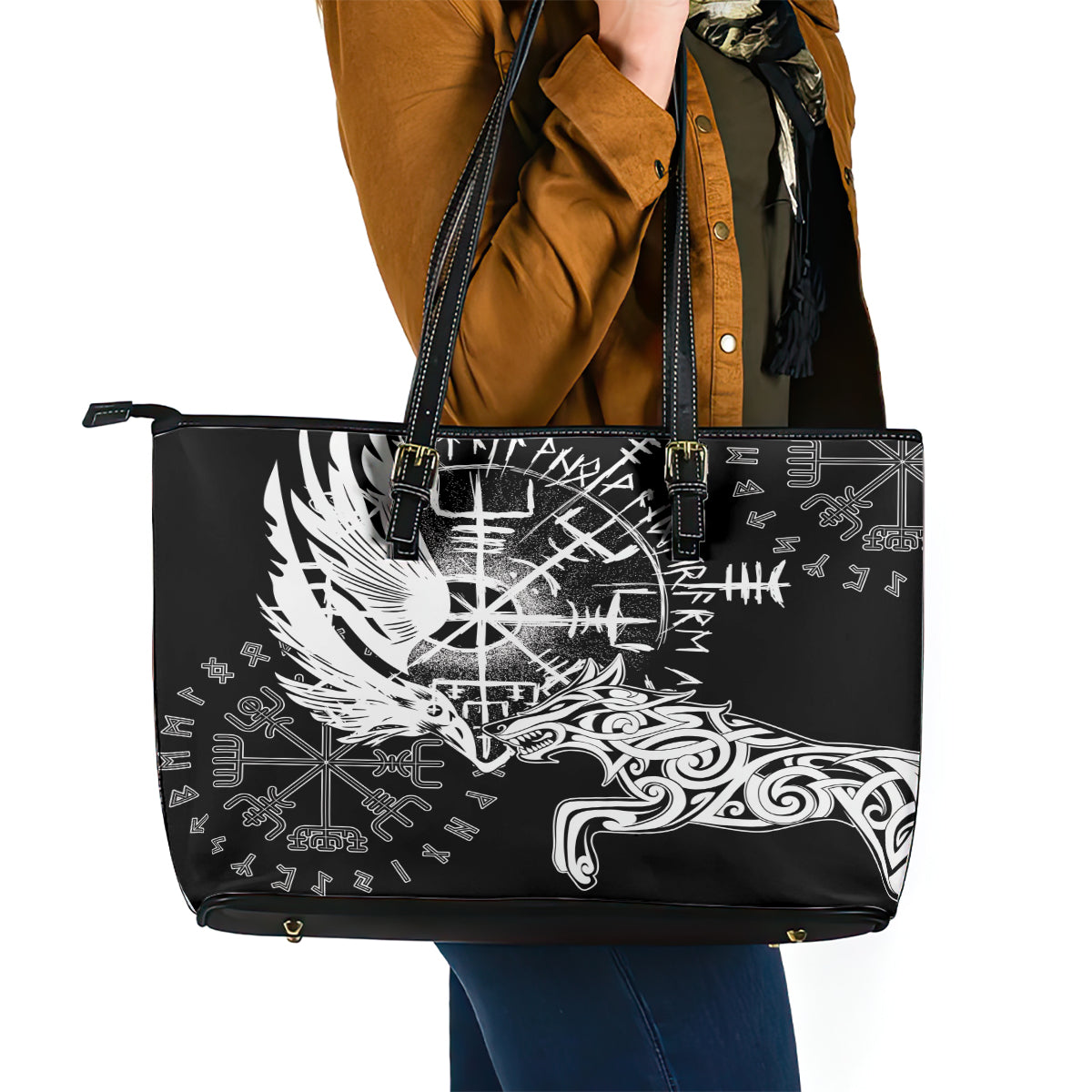 Vikings Raven and Wolf Leather Tote Bag with Aegishjalmur Unique LT9