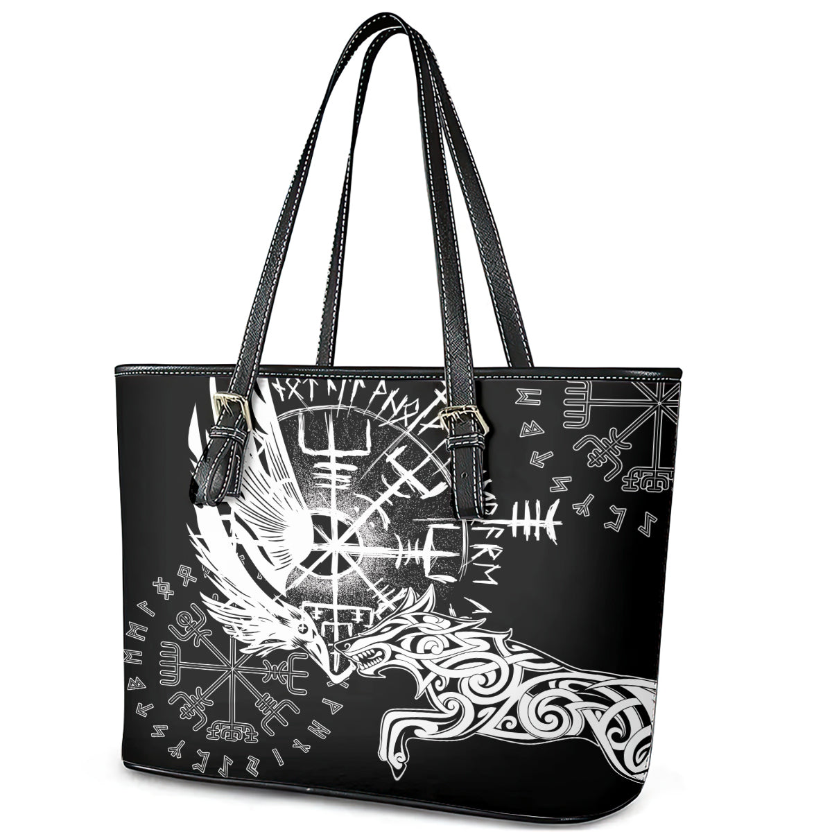 Vikings Raven and Wolf Leather Tote Bag with Aegishjalmur Unique LT9