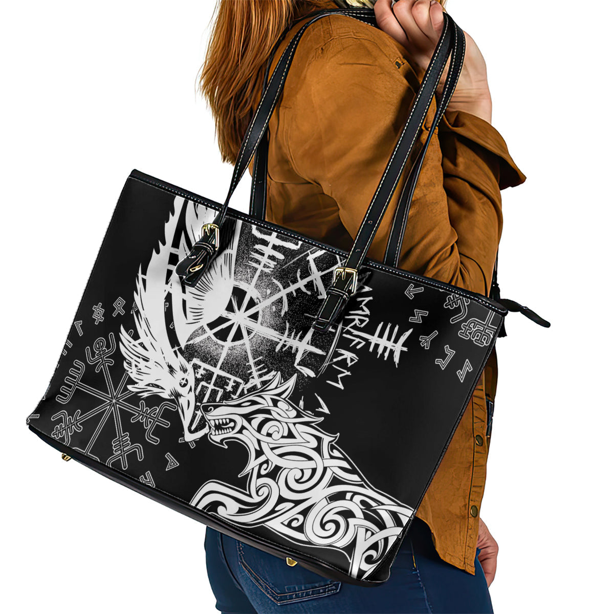 Vikings Raven and Wolf Leather Tote Bag with Aegishjalmur Unique LT9