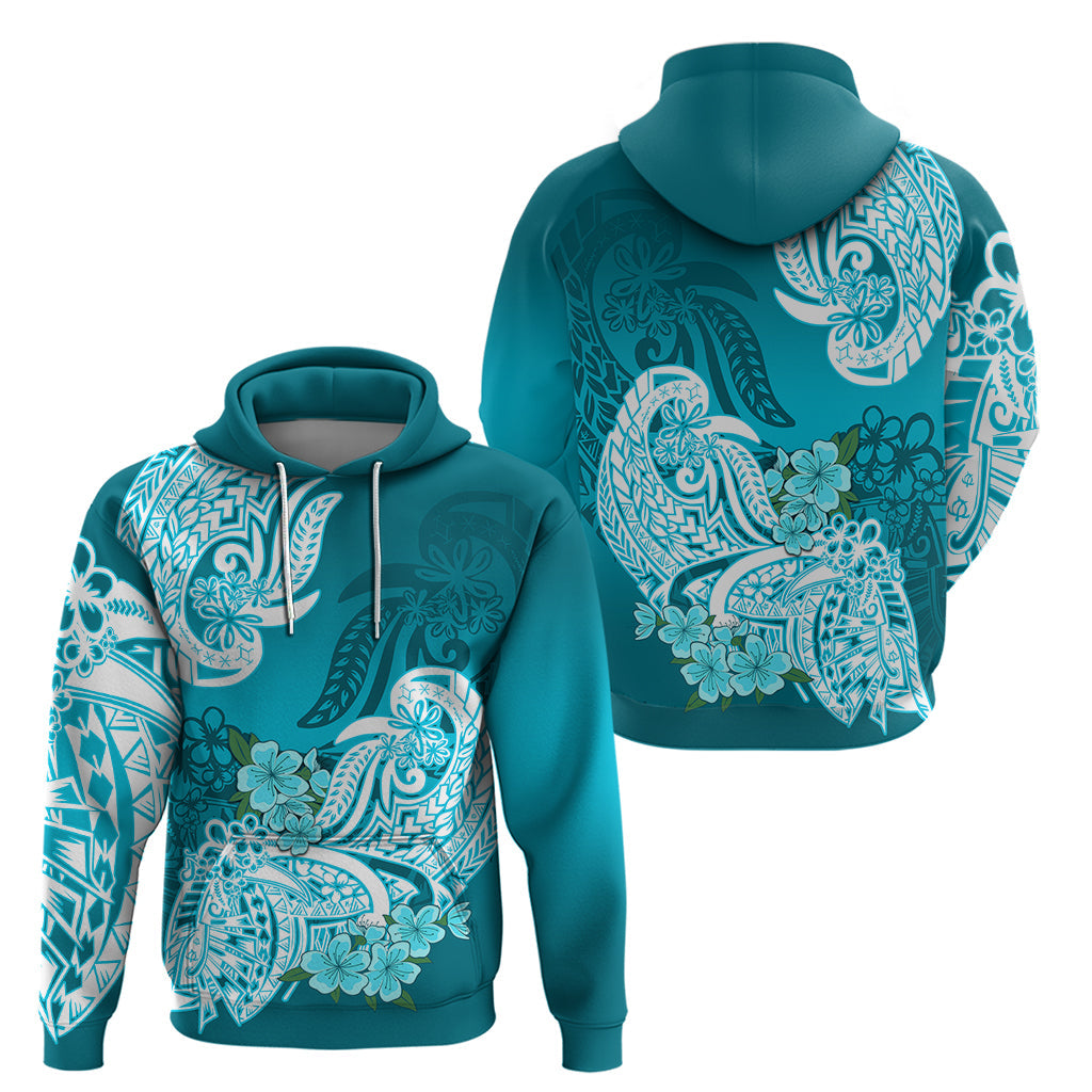 Polynesian Hoodie Pacific Flower Mix Floral Tribal Tattoo Aqua Vibe LT9