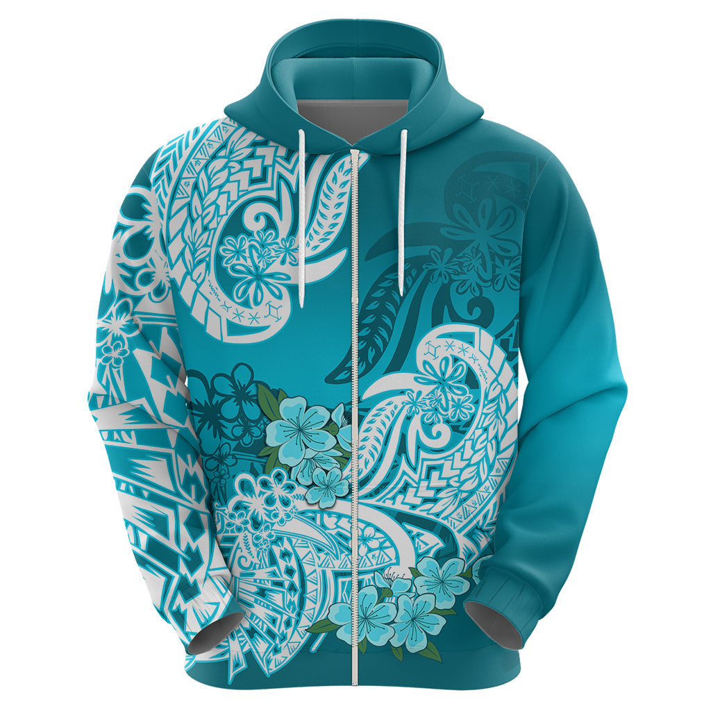 Polynesian Hoodie Pacific Flower Mix Floral Tribal Tattoo Aqua Vibe LT9