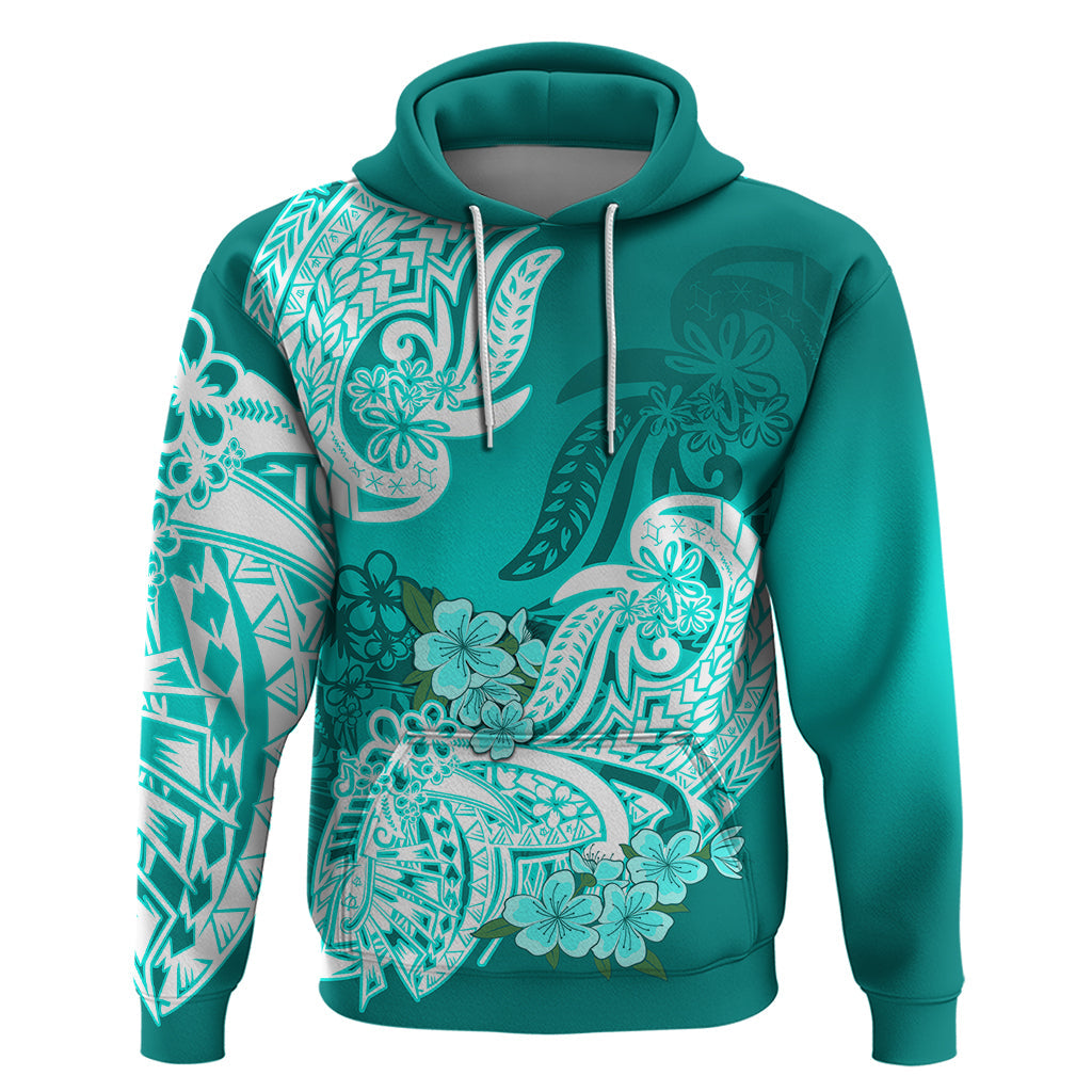 Polynesian Hoodie Pacific Flower Mix Floral Tribal Tattoo Turquoise Vibe LT9