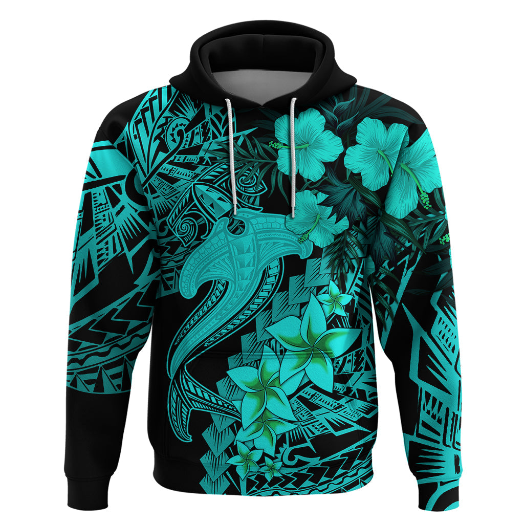 Aloha Hawaii Hoodie Hammerhead Shark Tattoo Polynesian Summer - Turquoise LT9