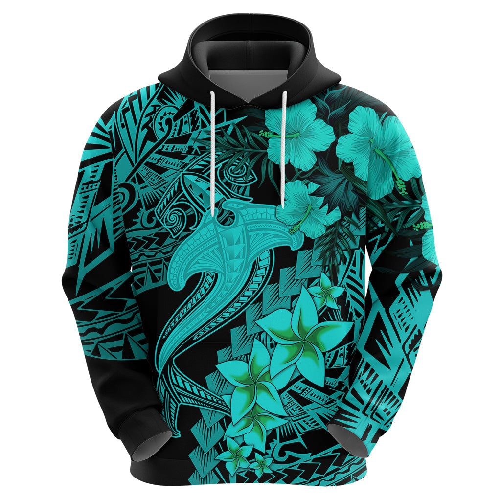Aloha Hawaii Hoodie Hammerhead Shark Tattoo Polynesian Summer - Turquoise LT9