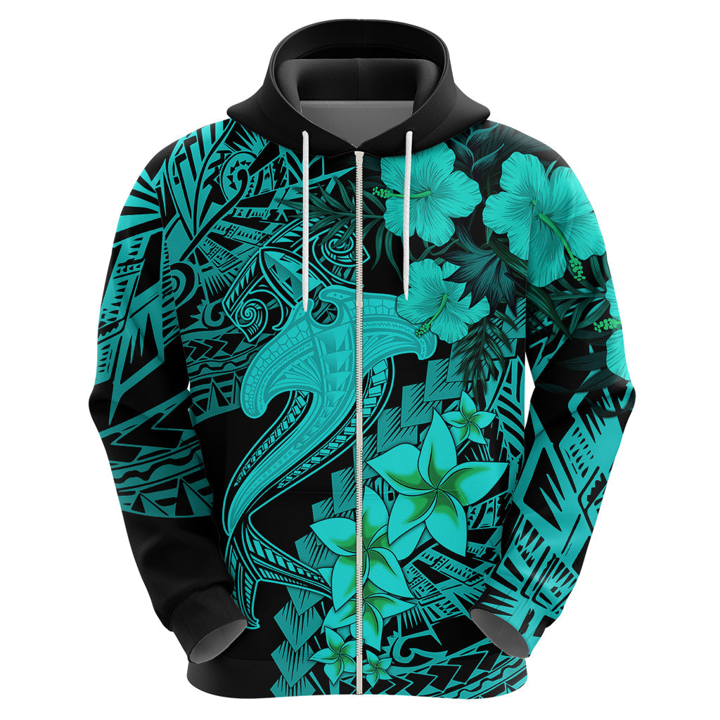 Aloha Hawaii Hoodie Hammerhead Shark Tattoo Polynesian Summer - Turquoise LT9