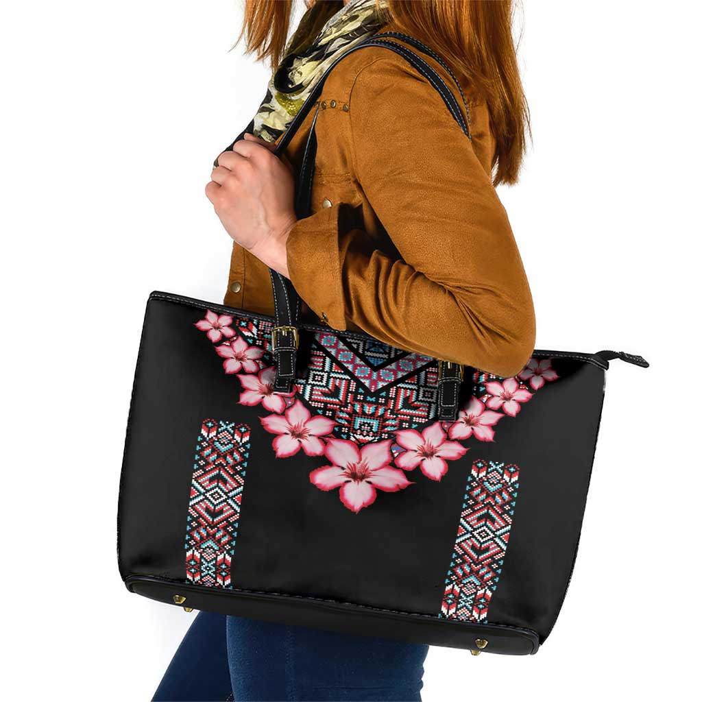 Africa Adenium Multiflorum Flowers Leather Tote Bag Mix Native Tribal Pattern LT9