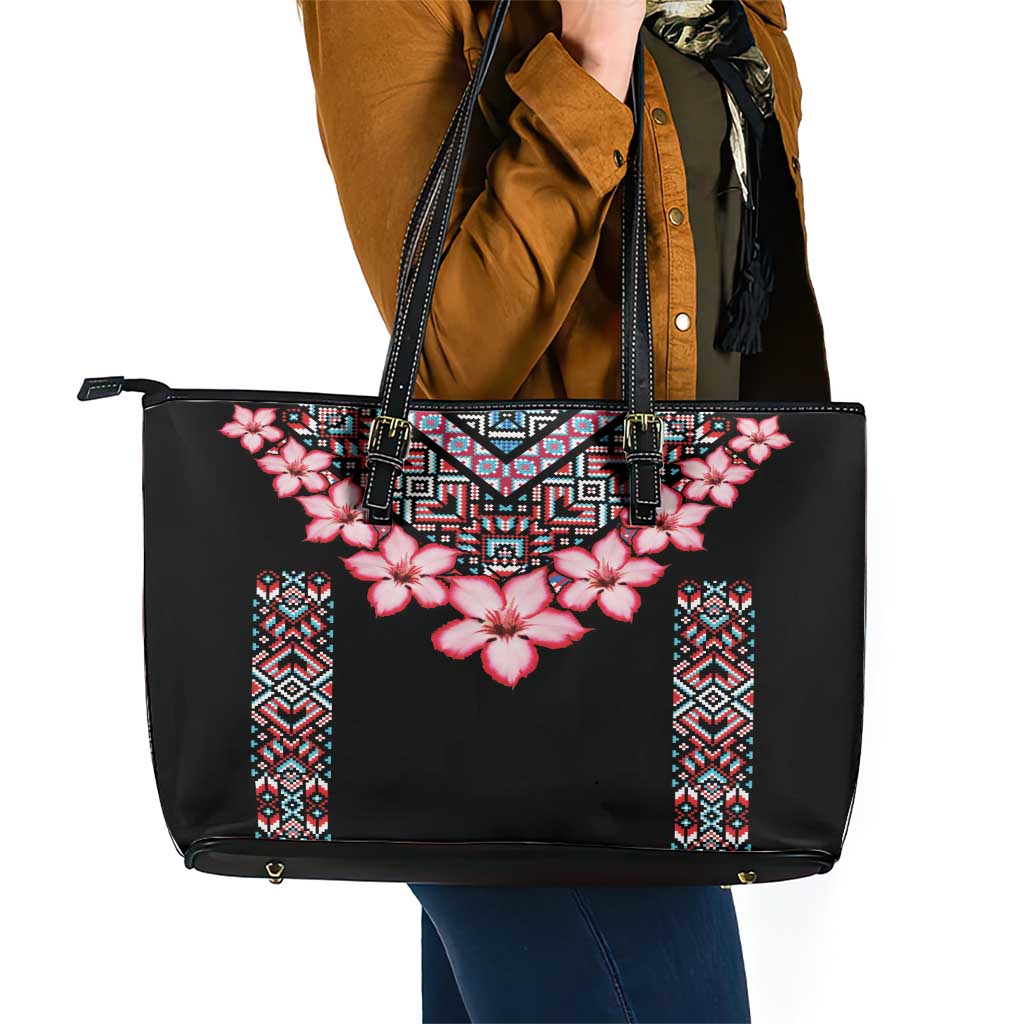 Africa Adenium Multiflorum Flowers Leather Tote Bag Mix Native Tribal Pattern LT9
