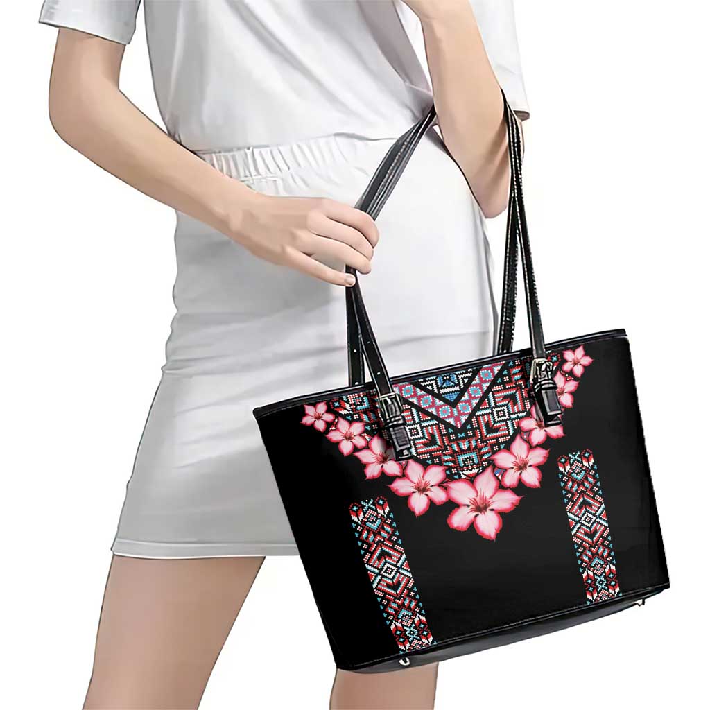 Africa Adenium Multiflorum Flowers Leather Tote Bag Mix Native Tribal Pattern LT9