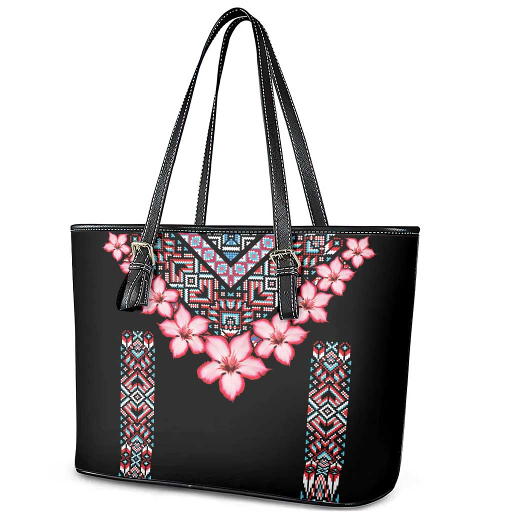 Africa Adenium Multiflorum Flowers Leather Tote Bag Mix Native Tribal Pattern LT9