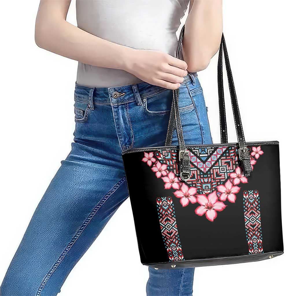 Africa Adenium Multiflorum Flowers Leather Tote Bag Mix Native Tribal Pattern LT9