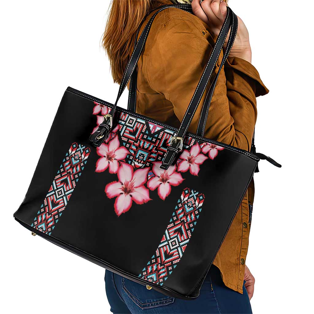 Africa Adenium Multiflorum Flowers Leather Tote Bag Mix Native Tribal Pattern LT9
