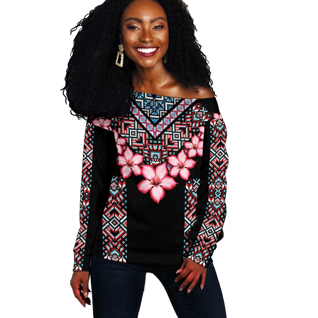 Afro Adenium Multiflorum Flowers Off Shoulder Sweater Mix Native Tribal Pattern LT9