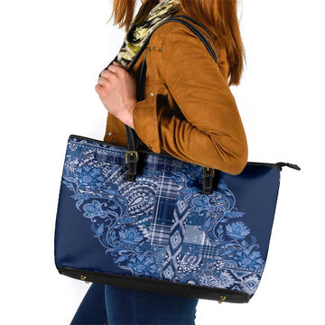 Africa Floral mix Maasai Shuka Leather Tote Bag Blue Moitf LT9