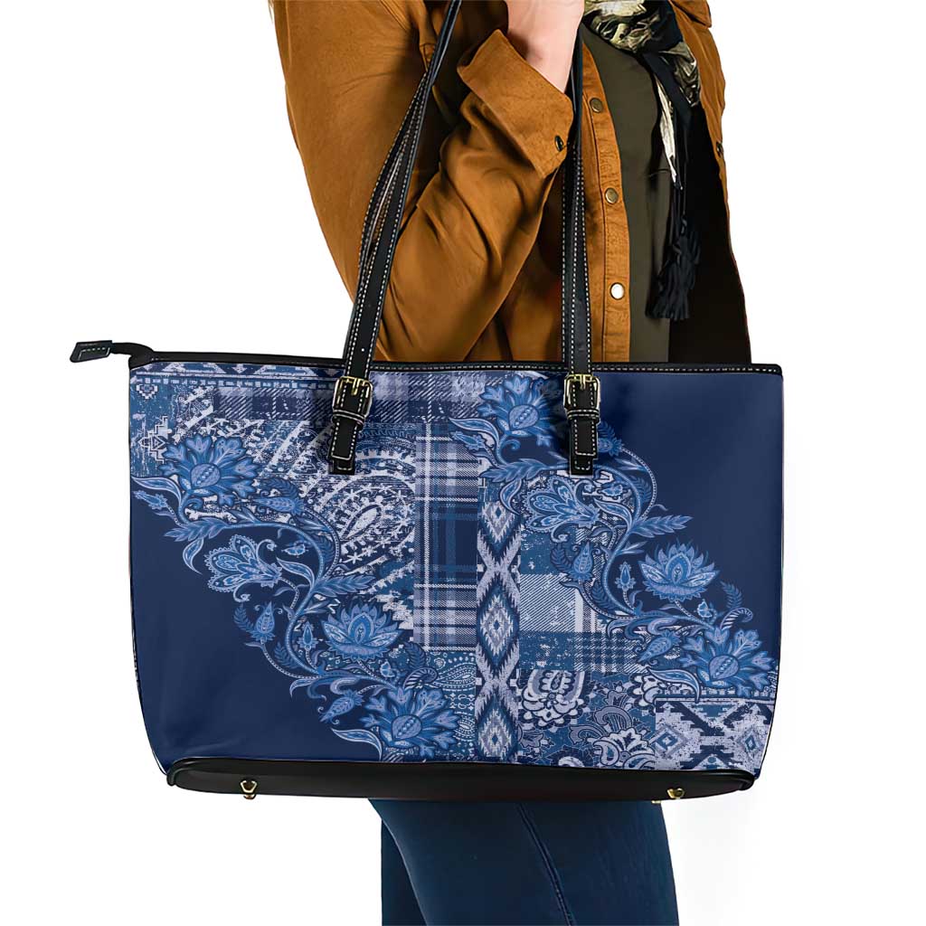 Africa Floral mix Maasai Shuka Leather Tote Bag Blue Moitf LT9