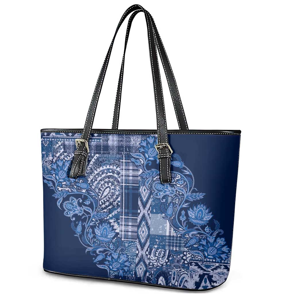 Africa Floral mix Maasai Shuka Leather Tote Bag Blue Moitf LT9
