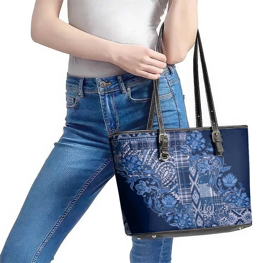 Africa Floral mix Maasai Shuka Leather Tote Bag Blue Moitf LT9
