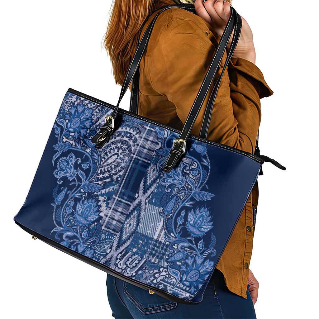 Africa Floral mix Maasai Shuka Leather Tote Bag Blue Moitf LT9
