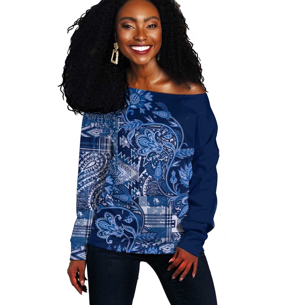 Afro Floral mix Maasai Shuka Off Shoulder Sweater Blue Moitf LT9