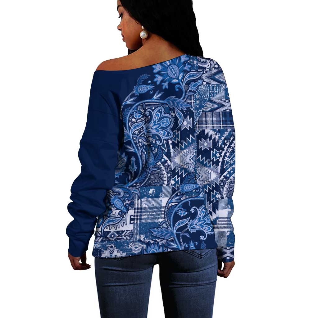 Afro Floral mix Maasai Shuka Off Shoulder Sweater Blue Moitf LT9