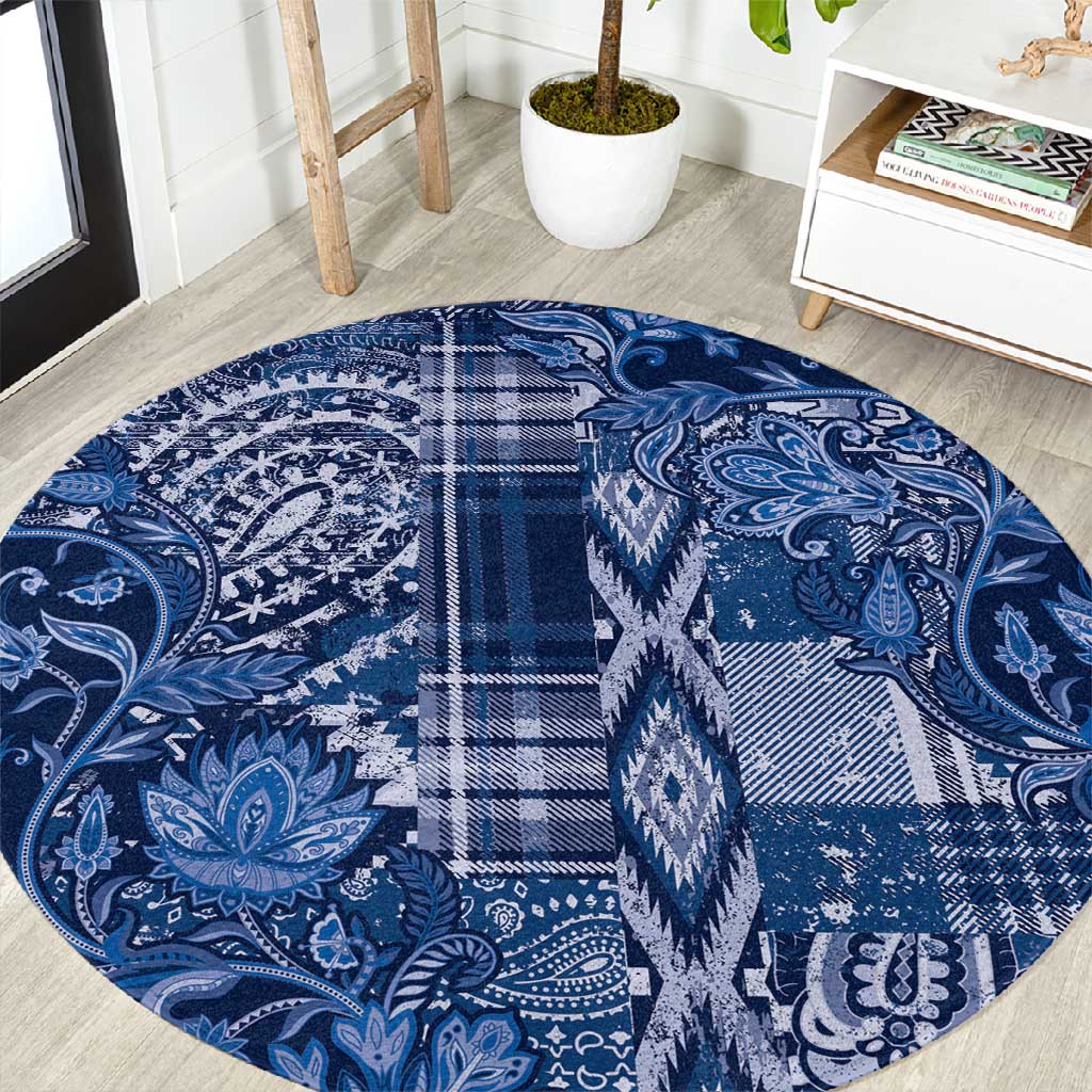 Afro Floral mix Maasai Shuka Round Carpet Blue Moitf LT9