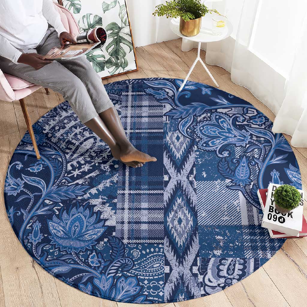 Afro Floral mix Maasai Shuka Round Carpet Blue Moitf LT9