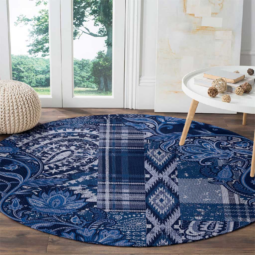 Afro Floral mix Maasai Shuka Round Carpet Blue Moitf LT9
