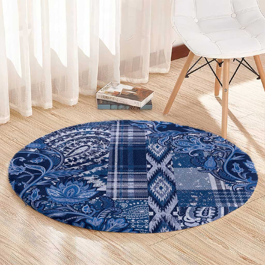 Afro Floral mix Maasai Shuka Round Carpet Blue Moitf LT9