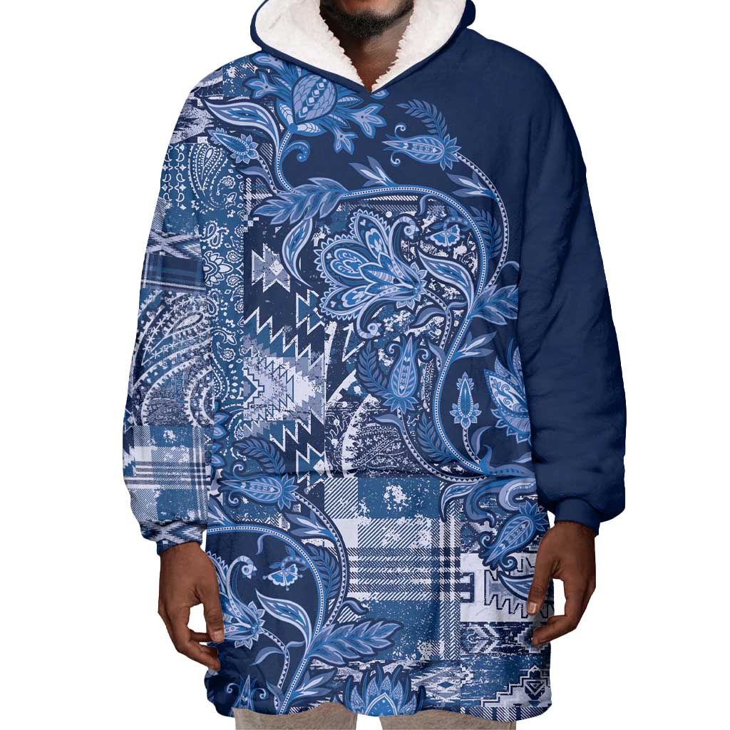Afro Floral mix Maasai Shuka Wearable Blanket Hoodie Blue Moitf LT9