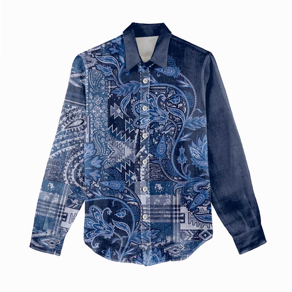 Afro Floral mix Maasai Shuka Women Casual Shirt Blue Moitf LT9