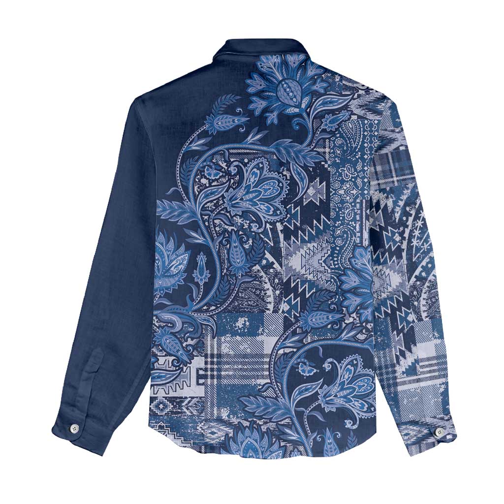 Afro Floral mix Maasai Shuka Women Casual Shirt Blue Moitf LT9