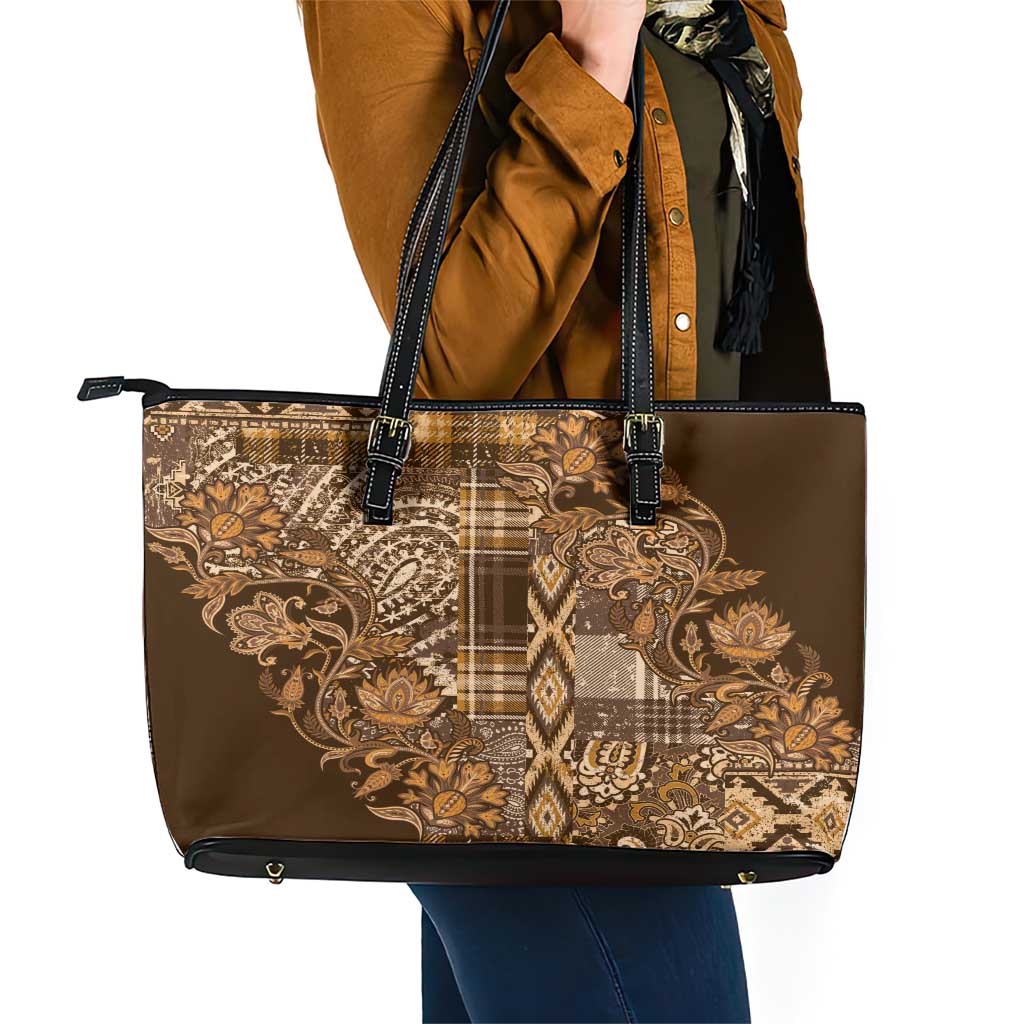 Africa Floral mix Maasai Shuka Leather Tote Bag Gold Moitf LT9
