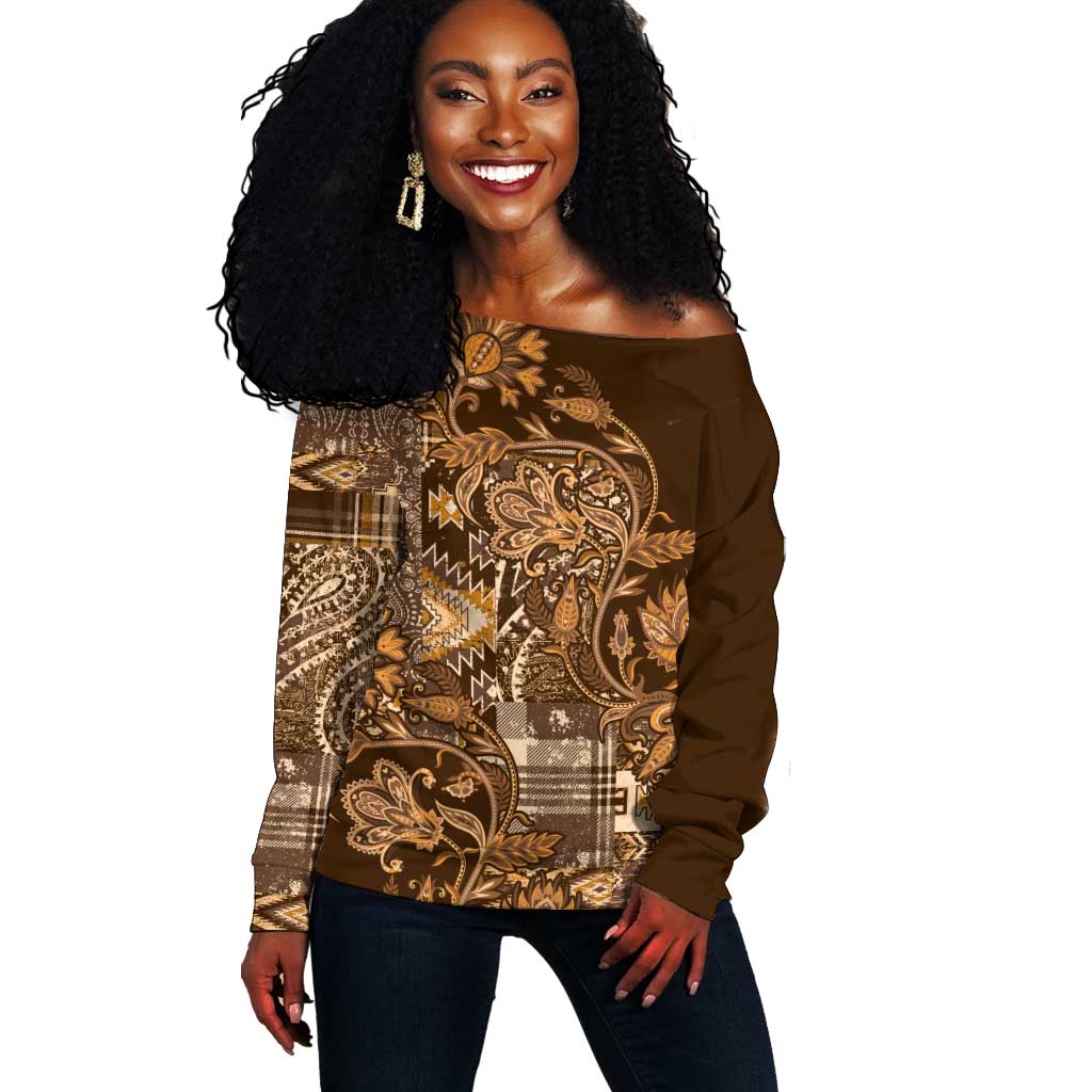 Afro Floral mix Maasai Shuka Off Shoulder Sweater Gold Moitf LT9