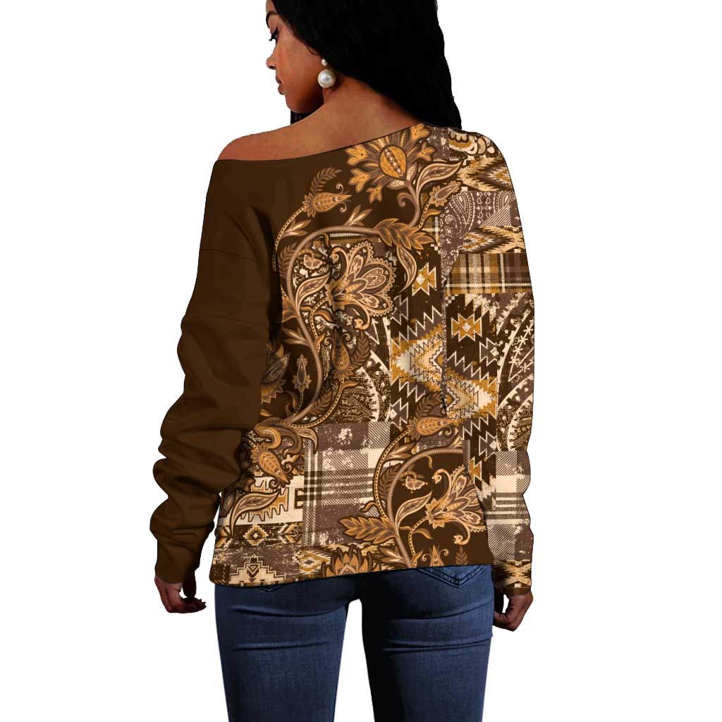 Afro Floral mix Maasai Shuka Off Shoulder Sweater Gold Moitf LT9