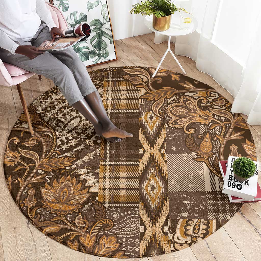 Afro Floral mix Maasai Shuka Round Carpet Gold Moitf LT9