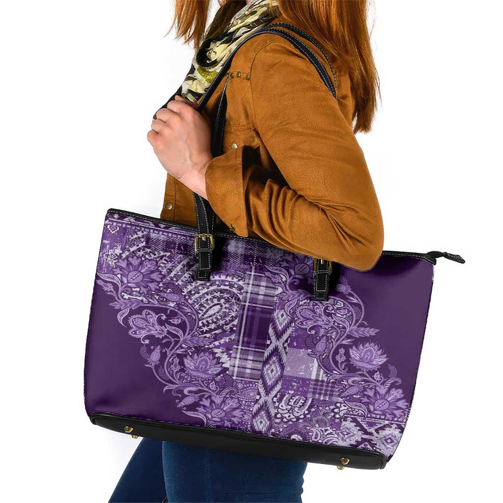 Africa Floral mix Maasai Shuka Leather Tote Bag Purple Moitf LT9