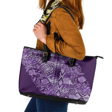 Africa Floral mix Maasai Shuka Leather Tote Bag Purple Moitf LT9