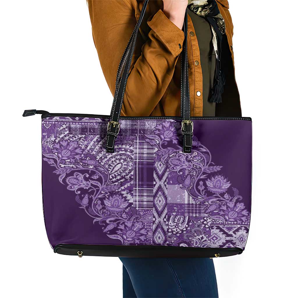 Africa Floral mix Maasai Shuka Leather Tote Bag Purple Moitf LT9