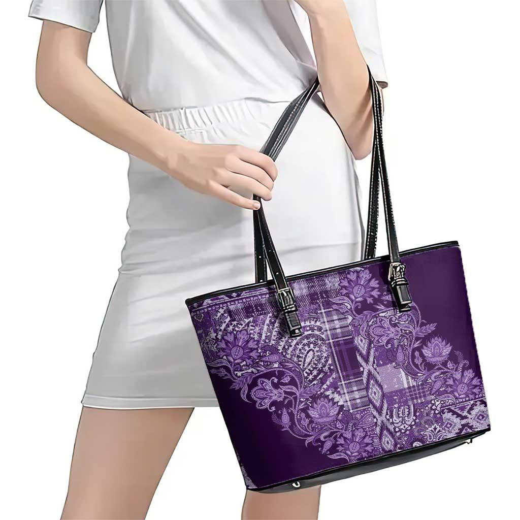 Africa Floral mix Maasai Shuka Leather Tote Bag Purple Moitf LT9