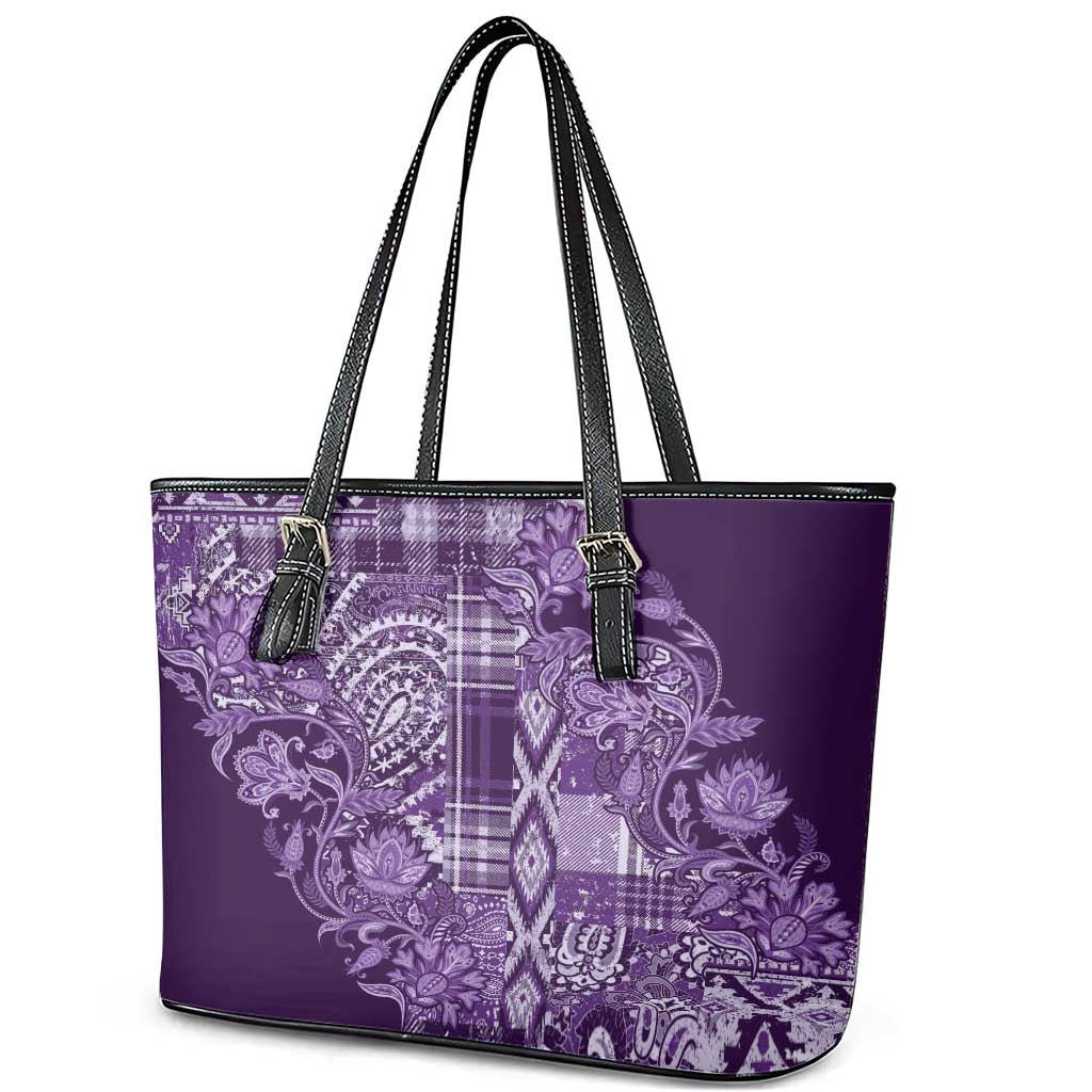 Africa Floral mix Maasai Shuka Leather Tote Bag Purple Moitf LT9