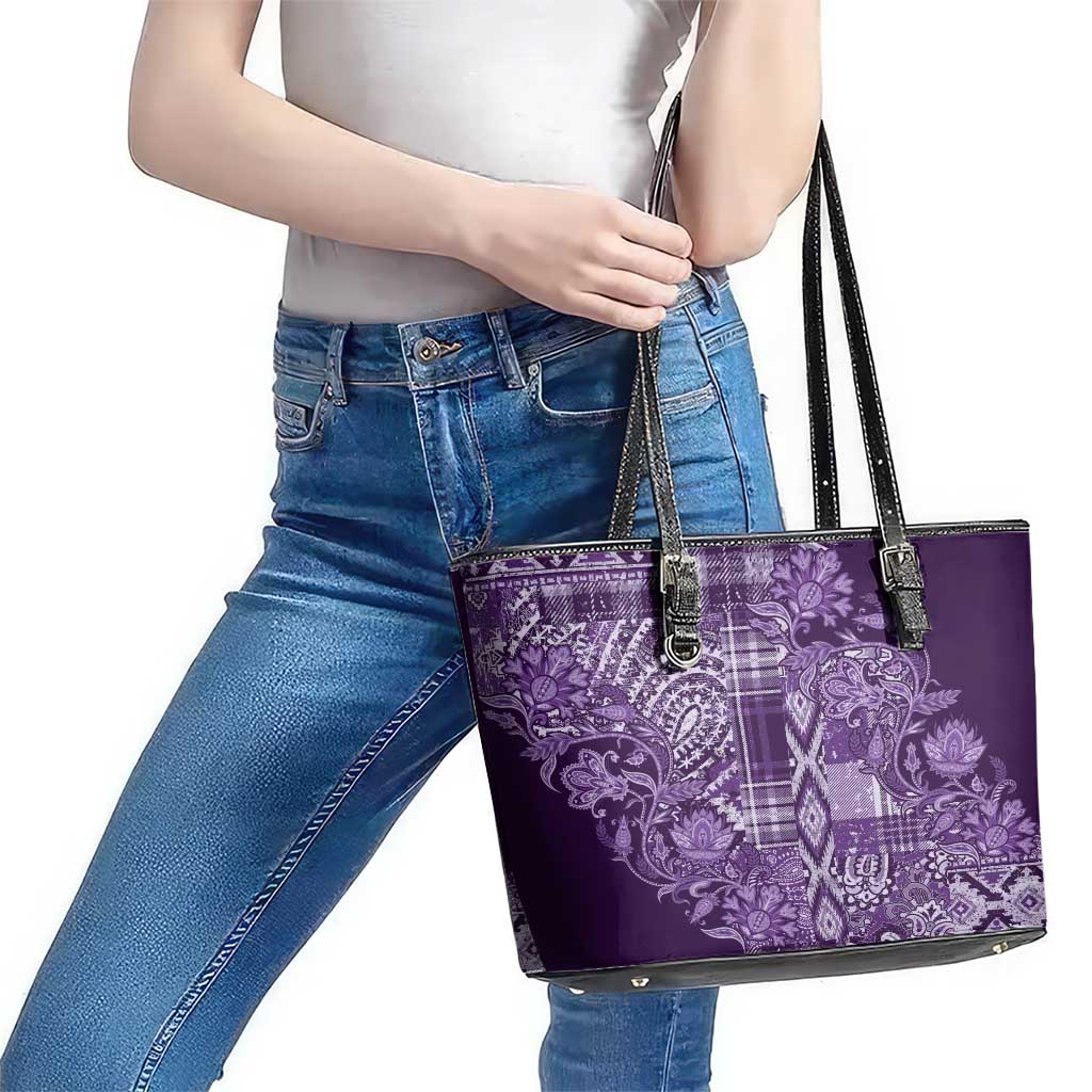 Africa Floral mix Maasai Shuka Leather Tote Bag Purple Moitf LT9