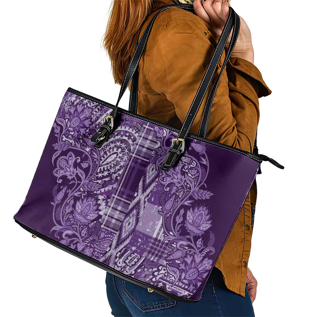 Africa Floral mix Maasai Shuka Leather Tote Bag Purple Moitf LT9