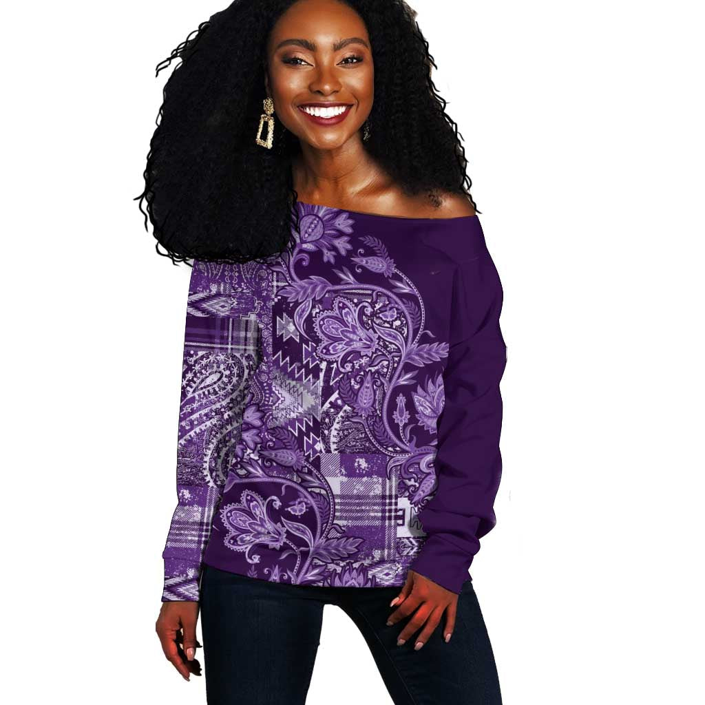 Afro Floral mix Maasai Shuka Off Shoulder Sweater Purple Moitf LT9