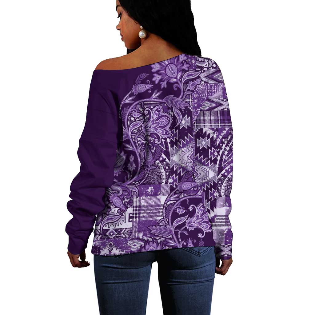 Afro Floral mix Maasai Shuka Off Shoulder Sweater Purple Moitf LT9