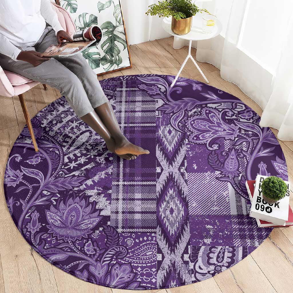 Afro Floral mix Maasai Shuka Round Carpet Purple Moitf LT9