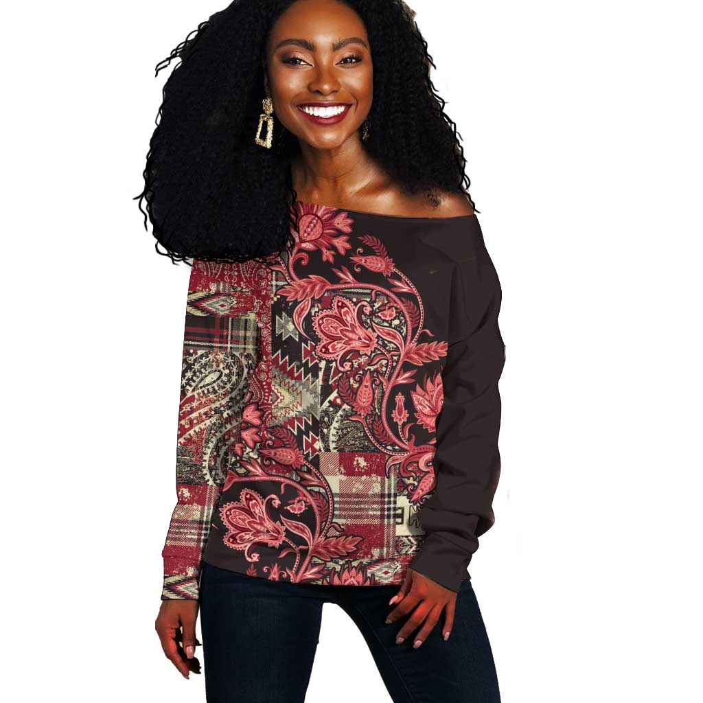 Afro Floral mix Maasai Shuka Off Shoulder Sweater Red Moitf LT9