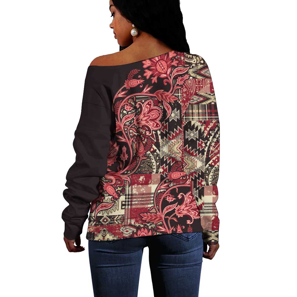 Afro Floral mix Maasai Shuka Off Shoulder Sweater Red Moitf LT9
