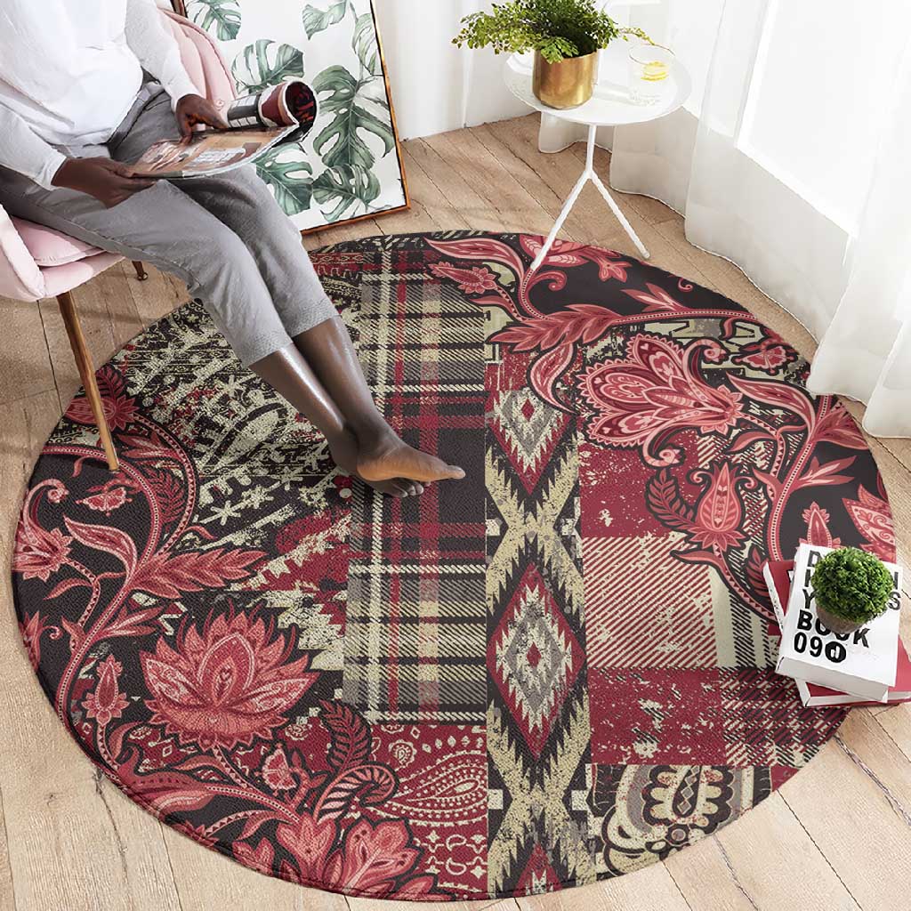 Afro Floral mix Maasai Shuka Round Carpet Red Moitf LT9