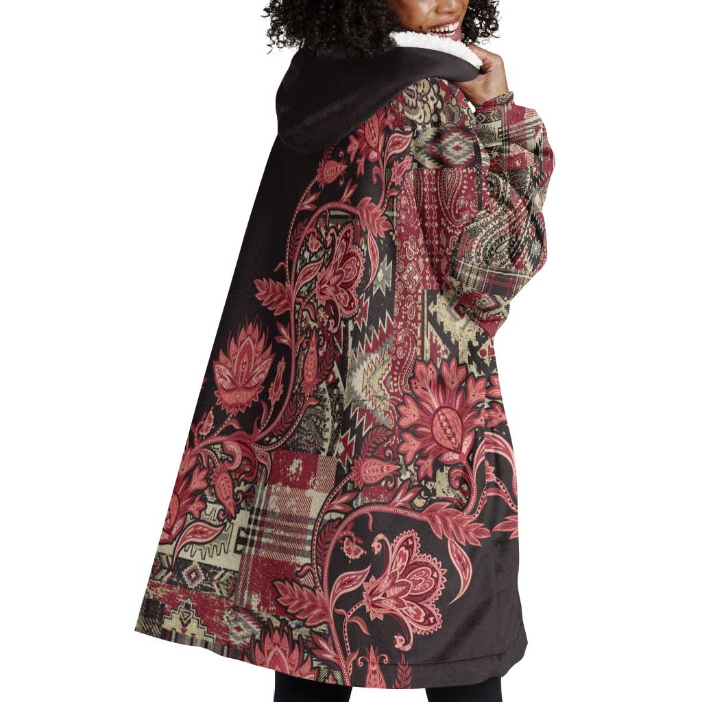 Afro Floral mix Maasai Shuka Wearable Blanket Hoodie Red Moitf LT9