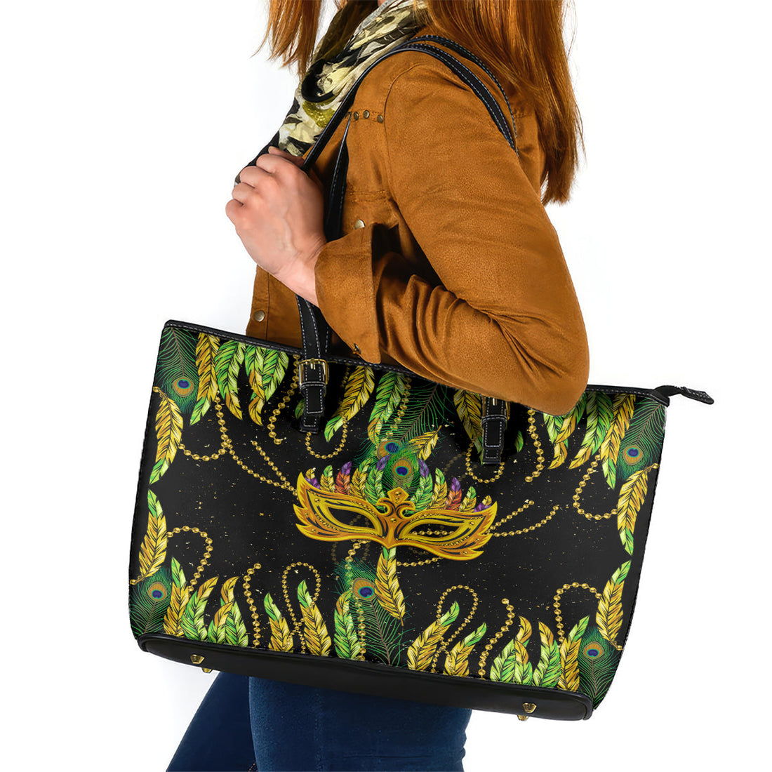 Feather Mask Mardi Gras Leather Tote Bag LT9