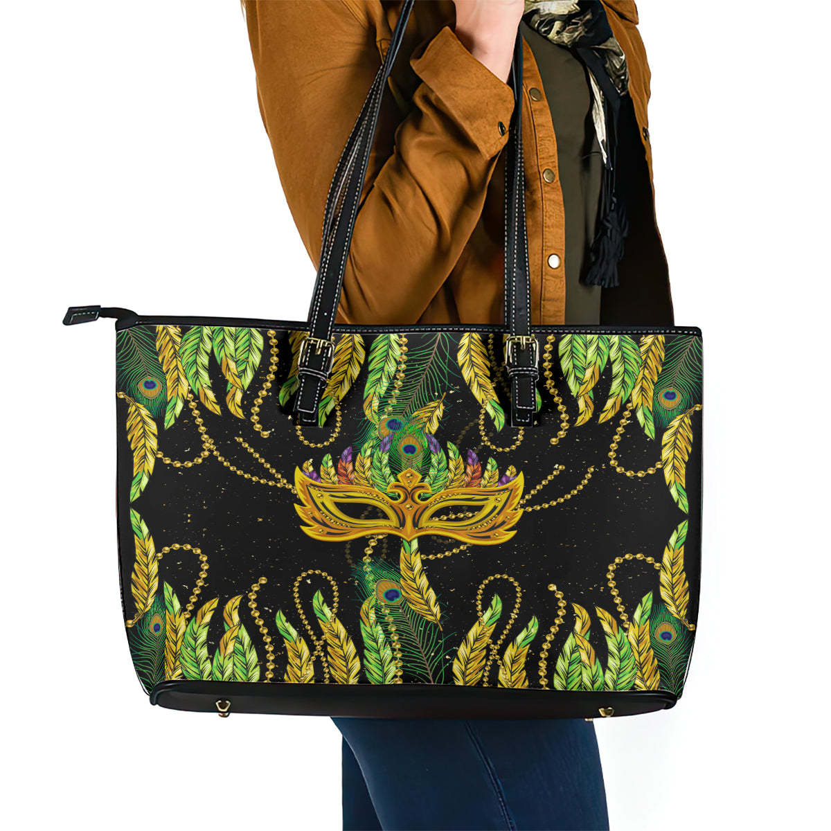 Feather Mask Mardi Gras Leather Tote Bag LT9